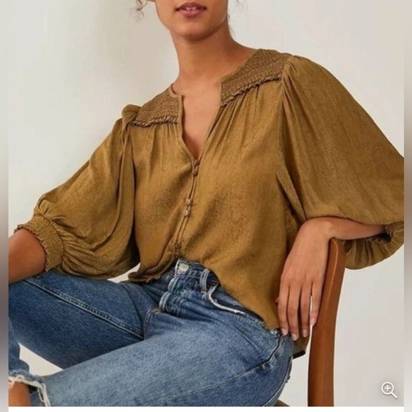 Anthropologie Cacee Jacquard Blouse Med Puff Sleeve Button Smocked Blouse - Picture 1 of 8